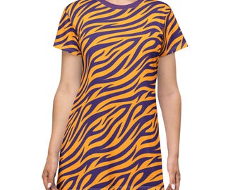 Purple and Gold Tiger T-Shirt Dress, Game Day Clothes for Football & Basketball Fans, School Mascot Outfit, Tiger Stripe Dress