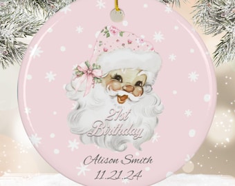 Christmas Vintage Pink Santa Ceramic Ornament, Custom 21st Birthday Ornament, Shabby Chic Holiday Decoration, Personalized Circle Ornament