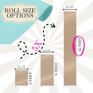 Może przedstawiać: Diagram przedstawiający trzy r&oacute;żne rozmiary rolek tkaniny. Najmniejsza rolka ma szerokość 2,5 stopy i długość 3 stopy. Średnia rolka ma szerokość 2,5 stopy i długość 6 st&oacute;p. Największa rolka ma szerokość 2,5 stopy i długość 15 st&oacute;p. Tekst "ROLL SIZE OPTIONS" znajduje się w białym polu z czarną ramką.