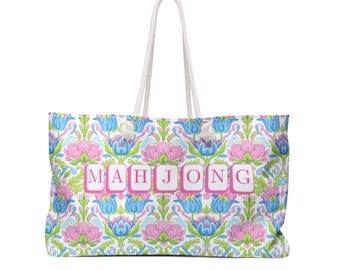 Tas Mahjong Patroon Roze Blauw Bloemen | Mahjong tegelpatroon Game Night draagtas bloemen Grandmillennial | Mahj-tas | Mahjongliefhebber cadeau