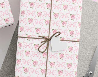 Vintage Floral Coquette Bow Wrapping Paper Roll, Retro Pink Flowers Ribbon Girly Grand Millennial Gift Wrap Fancy Feminine Giftwrap Birthday