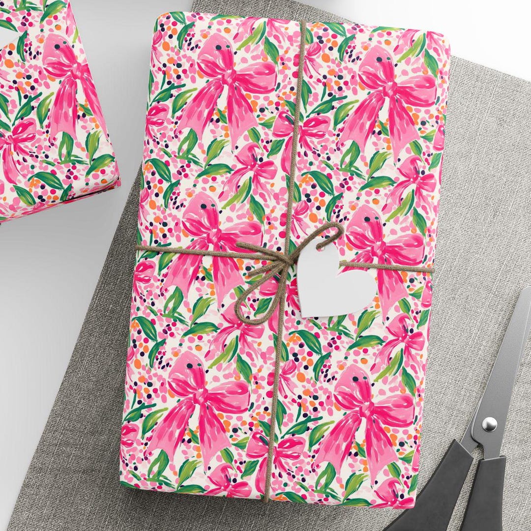 Pink Bow Wrapping Paper Roll, Festive Whimsical Pink Bow Gift Wrap ...
