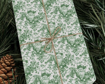 Papel de regalo navideño Toile verde, papel de regalo navideño Chinoiserie verde de Papá Noel, rollo de papel de regalo navideño Willow verde vintage