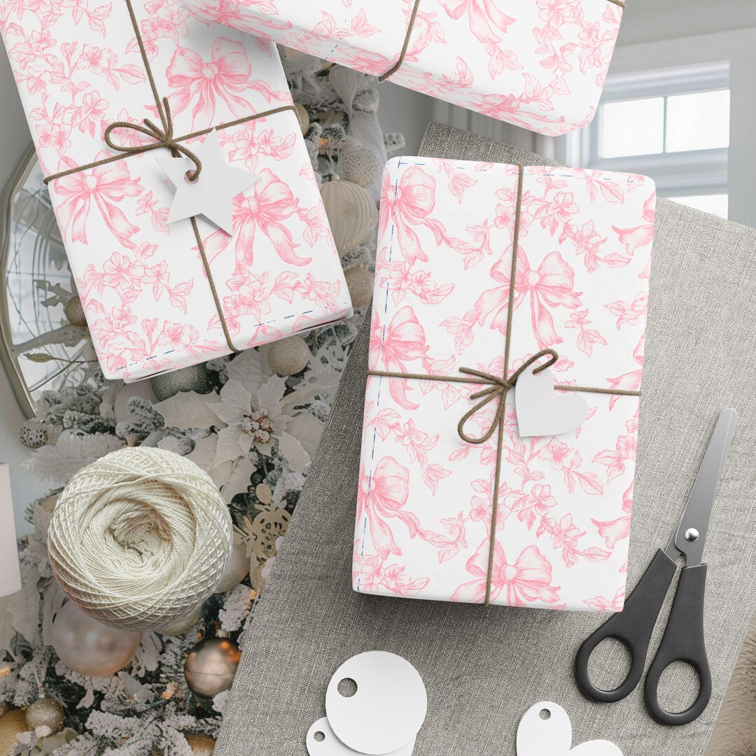 Pink Bow Toile Wrapping Paper, Vintage Pink Fancy Floral Coquette Bow ...