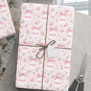 Personalized Wrapping Paper, Vintage Pink Floral Coquette Bow Shabby Chic Designer Gift Wrap, Birthday, Bridal Shower, Baby Girl Feminine
