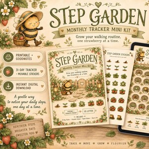 May include: A Step Garden monthly tracker mini kit featuring a bee character, strawberry illustrations, and text including Step Garden, Monthly Tracker Mini Kit, and Grow your walking routine, one strawberry at a time, with digital tablet.