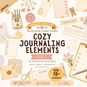 May include: A digital collection of watercolor journaling elements including a clipboard, envelopes, stickers, stamps, and stationery trackers. The text reads: EXPANDED COLLECTION WATERCOLOR CLIPART BUNDLE COZY JOURNALING ELEMENTS VOL.2 70+ WATERCOLOR PNG ELEMENTS 300 DPI 4000 PIX TRANSPARENT BG The HoneyMuse Co. NEW 70+ ELEMENTS.