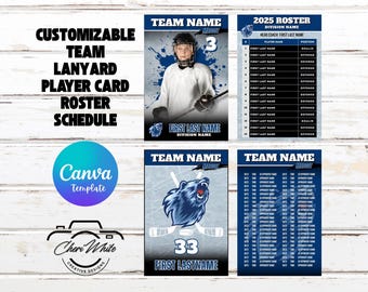 Hockey Sports Team Roster Player Card Canva Template Youth High School Lanyard