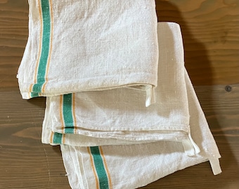 Mid Century Rustic Slubby Linen Kitchen or Wash Room Towels - Set of 3 - Green and Gold Stripes with Hanging Loops