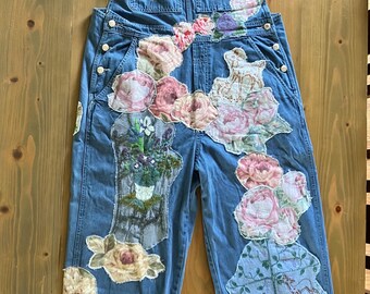 Upcycled Boho Overalls Appliqued Full Length GAP Blue Denim Overalls Size Women&#39;s Large