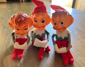 Three Vintage Knee Hugging Elf on a Shelf Elves Made in Japan