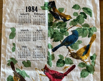 1984 North American Birds Linen Calendar Towel - Vintage Kitchen Farmhouse Cottagecore