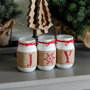 Christmas Table Decor Farmhouse Centerpiece Christmas Home Decor Painted Mason Jar Set JOY Festive Red Decor Gift for Hostess image 1