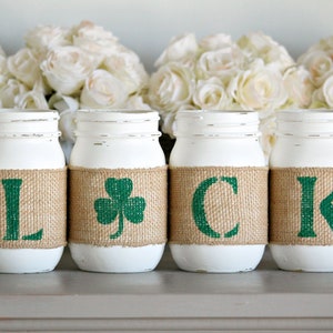 St.Patrick's Day Home Decor LUCK | Green White Painted Mason Jars Set Table Centerpiece | Housewarming Gift