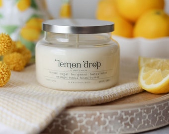 Strong Scented Candle Lemon Drop 10 oz., Refreshing Home Scent Citrus Bergamot Mint, Mother's Day Gift