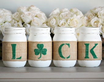 St.Patrick's Day Home Decor LUCK | Green White Painted Mason Jars Set Table Centerpiece | Housewarming Gift