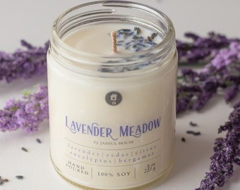 Aromatherapy Soy Candle Lavender Meadow - Calming Scent with Dried Lavender - Valentines Gift for Wife