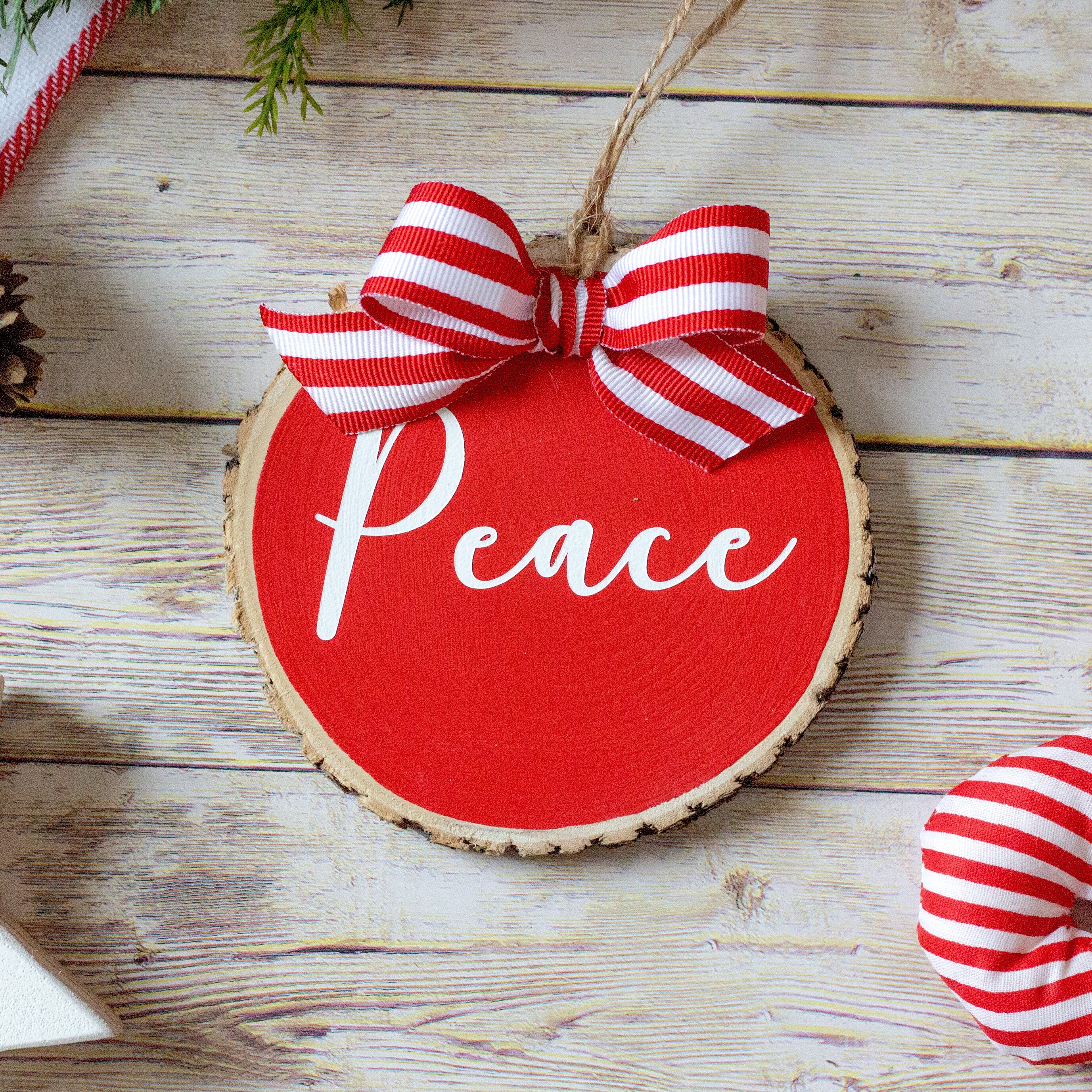 Farmhouse Christmas Ornaments Set of 3  Red White Wood Slices - Believe  Noel Joy