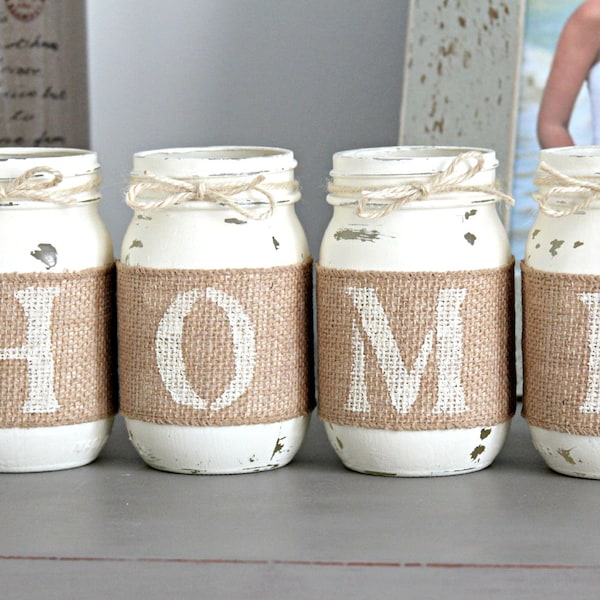 Rustic Mason Jar Centerpiece: Farmhouse Table Decor, Hand-Painted Burlap (Set of 4)