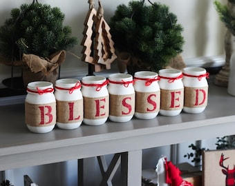 Christmas Mason Jar Centerpiece: BLESSED Rustic Farmhouse Decor