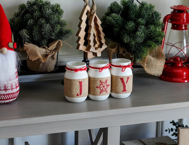 Christmas Table Decor Farmhouse Centerpiece Christmas Home Decor Painted Mason Jar Set JOY Festive Red Decor Gift for Hostess image 1