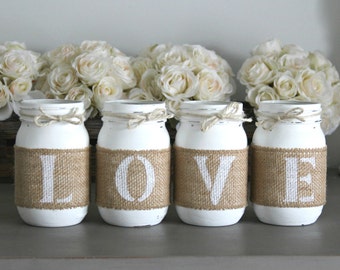 Painted Mason Jars Set LOVE - Wedding Decor - Engagement Party Table Centerpiece - Bridal Shower Decorations - Gift for Couple