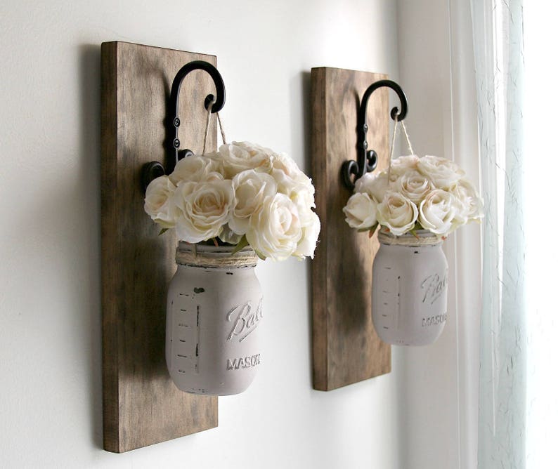 Fall Decor Farmhouse Wall Sconces | Everyday Home Decor | Wooden Pair of Rustic Sconces with Hanging Jars | Gift for Mom 