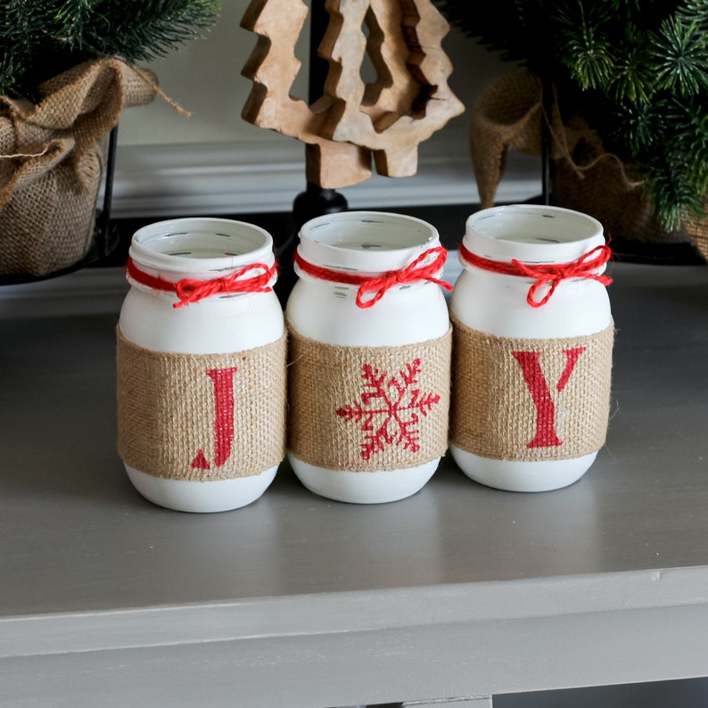 Christmas Table Decor Farmhouse Centerpiece Christmas Home Decor Painted Mason Jar Set JOY Festive Red Decor Gift for Hostess image 2