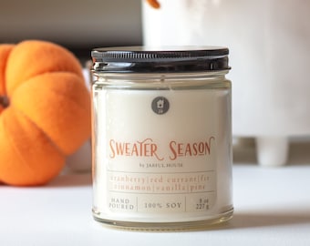 Fall Candle Sweater Season | Thanksgiving Scented Soy Candle Cranberry + Pine + Fir +Vanilla + Red Currant | Farmhouse Candle - 8oz