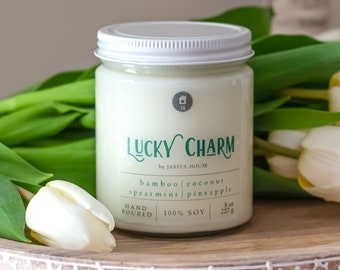 St.Patricks Day Candle Lucky Charms | Scented Soy Candle Bamboo Coconut Pineapple Spearmint | Irish Candle Gift - 8 oz.