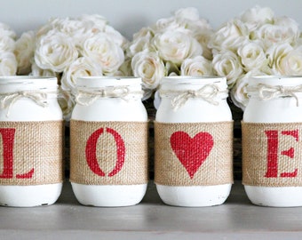 Valentine's Day Table Decor | Love Decor | Farmhouse Decor Painted Mason Jars Table Decorations | Wedding Centerpiece | Gift for Mom