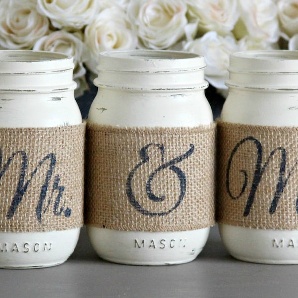 Mr & Mrs Mason Jar Set: Rustic Burlap Wedding Centerpiece