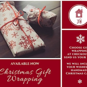 May include: Two gifts wrapped in white paper with red snowflakes and tied with red ribbon. The text "AVAILABLE NOW Christmas Gift Wrapping" is on a red background. The text "CHOOSE GIFT WRAPPING AT CHECKOUT & SEND US YOUR NOTE WE WILL INCLUDE YOUR WISHES ON HANDMADE CHRISTMAS CARD" is on a red background.