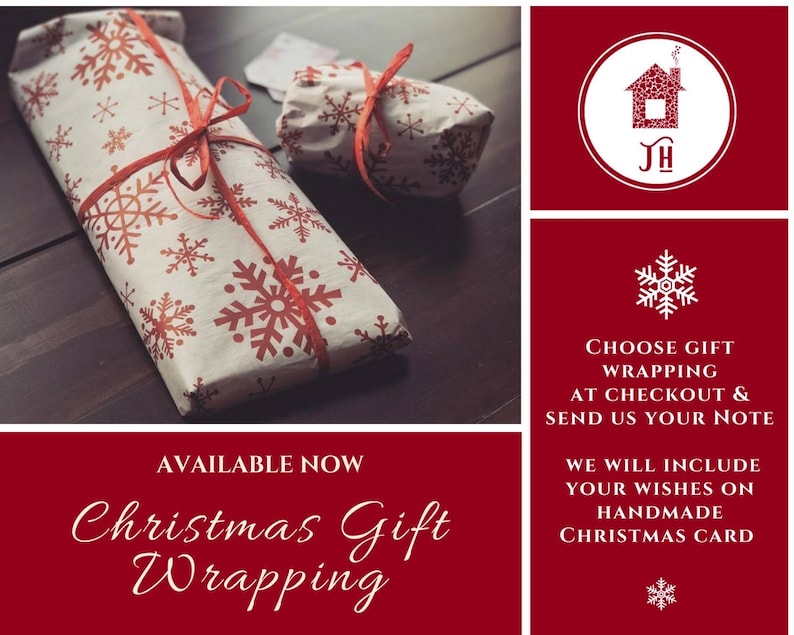 May include: Two gifts wrapped in white paper with red snowflakes and tied with red ribbon. The text "AVAILABLE NOW Christmas Gift Wrapping" is on a red background. The text "CHOOSE GIFT WRAPPING AT CHECKOUT & SEND US YOUR NOTE WE WILL INCLUDE YOUR WISHES ON HANDMADE CHRISTMAS CARD" is on a red background.