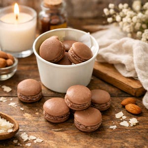 May include: A collection of chocolate macarons, some in a white paper cup, others scattered on a wooden surface. A lit candle, almonds, and a small wooden spoon with white flakes are also present, creating a warm, inviting scene.