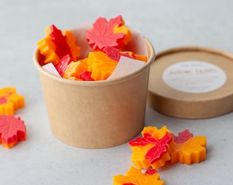 May include: A brown paper cup filled with orange and red leaf-shaped wax melts. The cup is sitting on a gray surface next to a brown lid with the text "Autumn Leaves" printed on it.