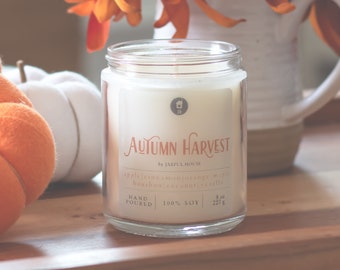 Autumn Harvest Fall Candle  |  Scented Candle Apple + Cinnamon + Maple + Bourbon + Orange + Coconut + Vanilla | Natural Soy Wax Candle 8oz