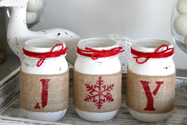 Christmas Table Decor Farmhouse Centerpiece Christmas Home Decor Painted Mason Jar Set JOY Festive Red Decor Gift for Hostess image 3