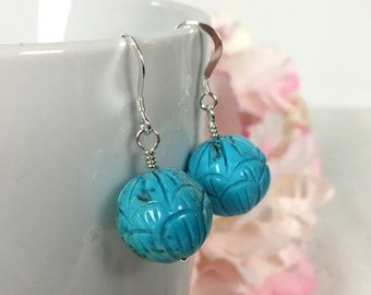 Carved Turquoise Howlite earrings, stone drop earrings, modern sterling silver jewelry