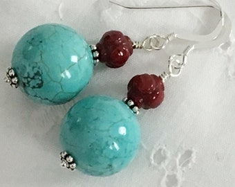 Turquoise Coral Earrings, Turquoise Pearl Earrings, Big Turquoise Earrings, Fashion Jewelry for Women