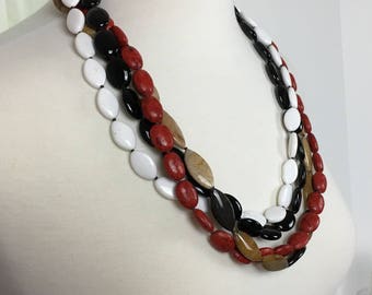 Long Gemstone Multistrand Statement Necklace, Onyx Coral Necklace, Agate Jasper Necklace