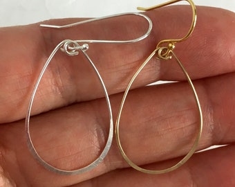 Thin teardrop hoop earrings in Sterling Silver, Gold filled, or Rose Gold Filled, Large or Small Hoop earrings