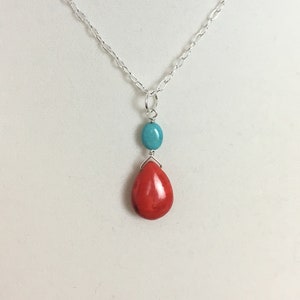 Turquoise and red necklace in two styles, red and blue summer necklace, beachy beaded necklace