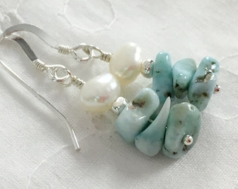 Larimar pearl earrings, Larimar nuggets and white freshwater pearl earrings in sterling silver