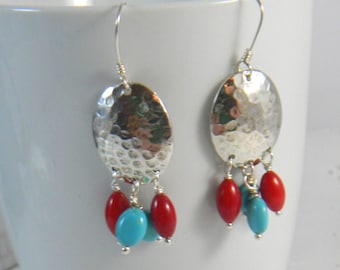 Turquoise and Red Chandelier Earrings, Bohemian dangles, Sterling Silver Earwires