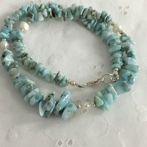 Larimar pearl necklace, Larimar nuggets and white freshwater pearl necklace in sterling silver