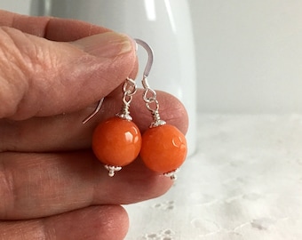 Orange Jade Earrings, Simple Drop Earrings, Sterling Silver Jewelry