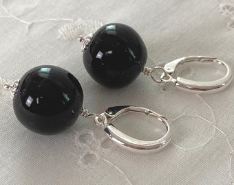 Big pearl earrings, chunky black glass pearl earrings