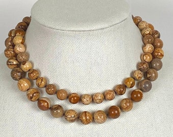 Picture jasper gemstone necklace - single or double strand, Brown Amber Honey Fall Fashion