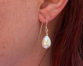 White Teardrop Pearl Earrings, June Birthstone Drop Earrings, Sterling Silver drop Earrings, Shell Pearls